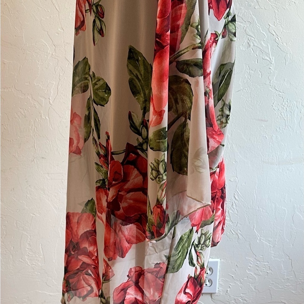 Tan with Red Roses Floral Sheer Bell Sleeves Kimono Swimsuit Cover-Up - Picture 8 of 10